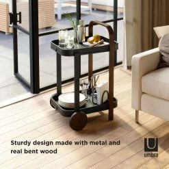 Umbra Bellwood Bar/Serving Cart | Black Walnut -Le Creuset shop 1015392 048 bellwood bar cart blk nat co03 insitu