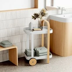 Umbra Bellwood Bar/Serving Cart | White-Natural -Le Creuset shop 1015392 668 bellwood bar cart i04