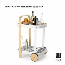 Umbra Bellwood Bar/Serving Cart | White-Natural -Le Creuset shop 1015392 668 bellwood bar cart wht nat co01